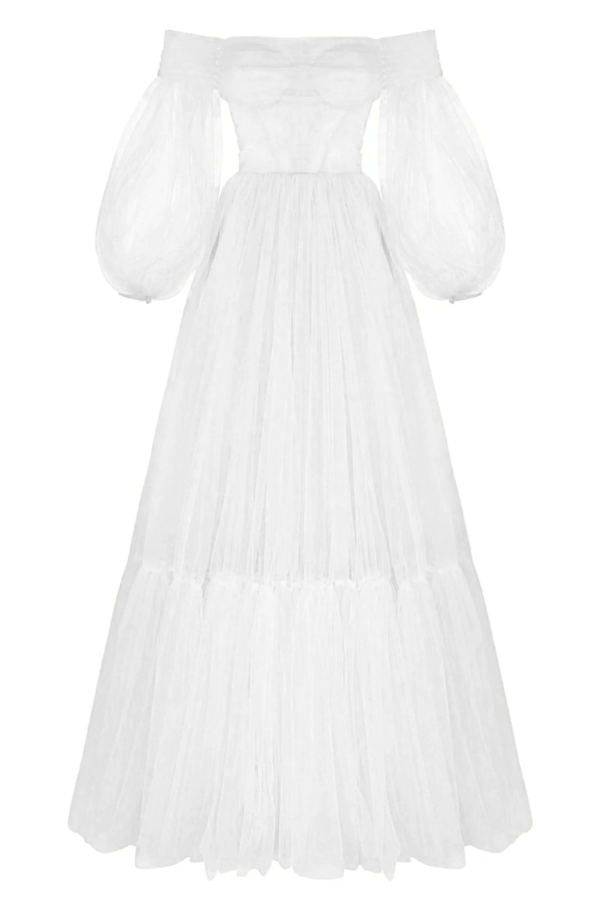 White Sheer Sleeves Maxi Tulle Dress