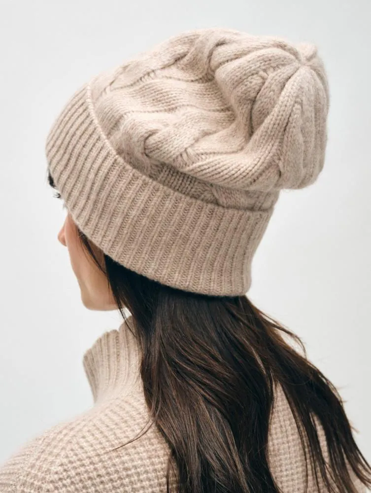 White   Warren - Cashmere Cable Knit Beanie in Sandwisp Heather