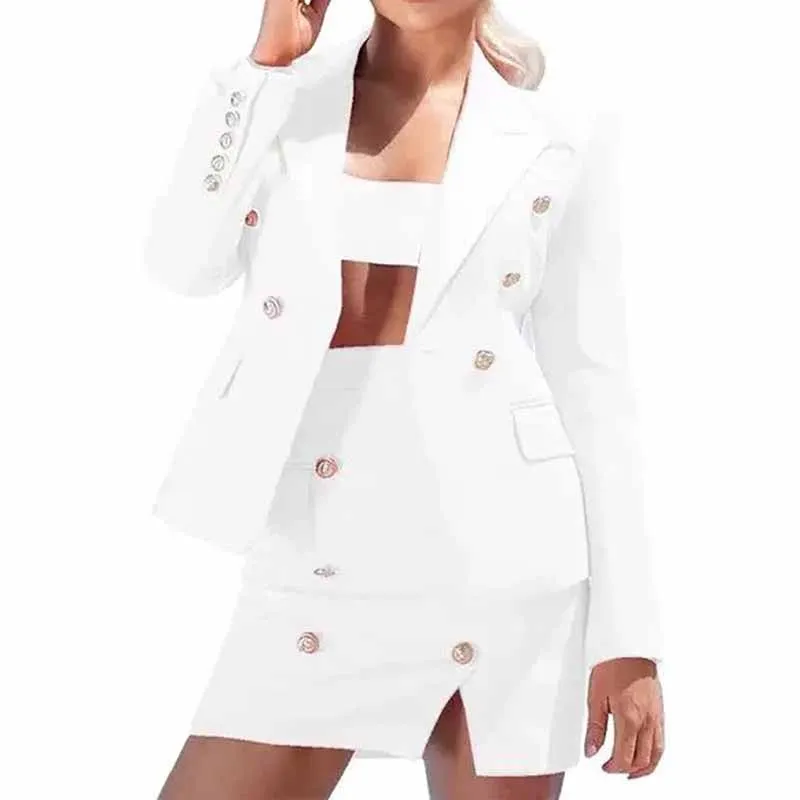 Women 2 Pieces White Blazer   Mid-High Rise Mini Skirt Suit Busines Suit