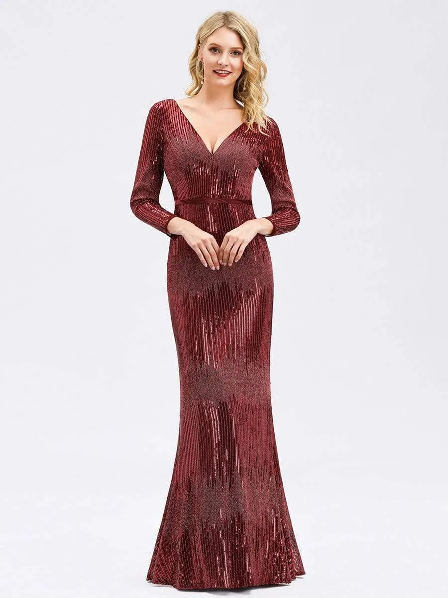 Women's Deep V-Neck Sequin Evening Dress with Long Sleeve