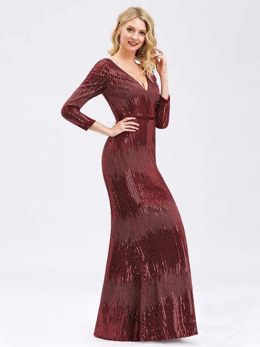 Women's Deep V-Neck Sequin Evening Dress with Long Sleeve