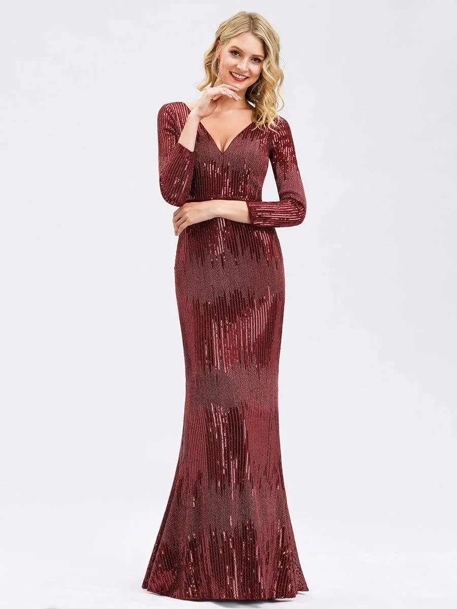 Women's Deep V-Neck Sequin Evening Dress with Long Sleeve