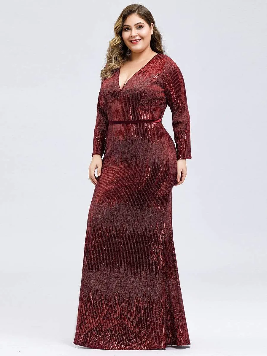 Women's Deep V-Neck Sequin Evening Dress with Long Sleeve