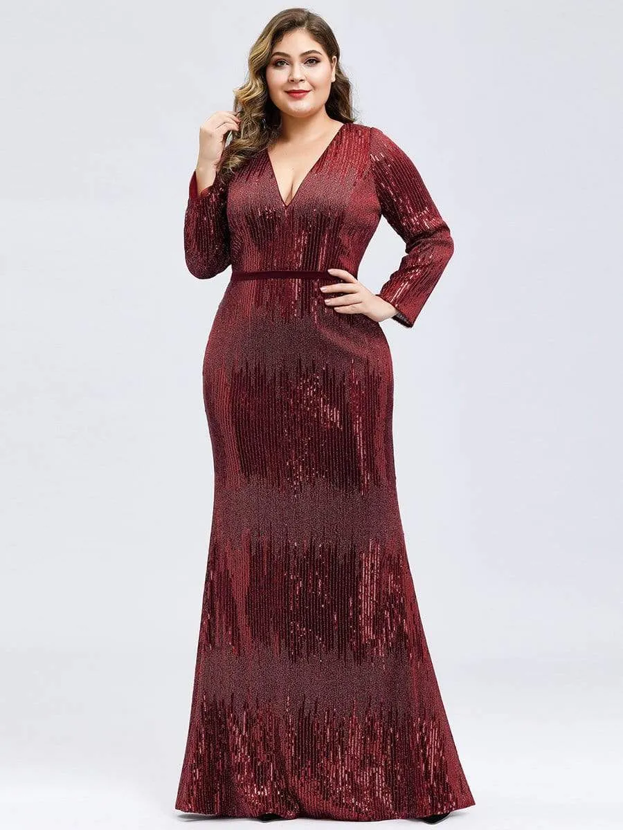 Women's Deep V-Neck Sequin Evening Dress with Long Sleeve