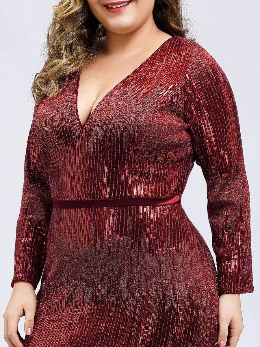 Women's Deep V-Neck Sequin Evening Dress with Long Sleeve