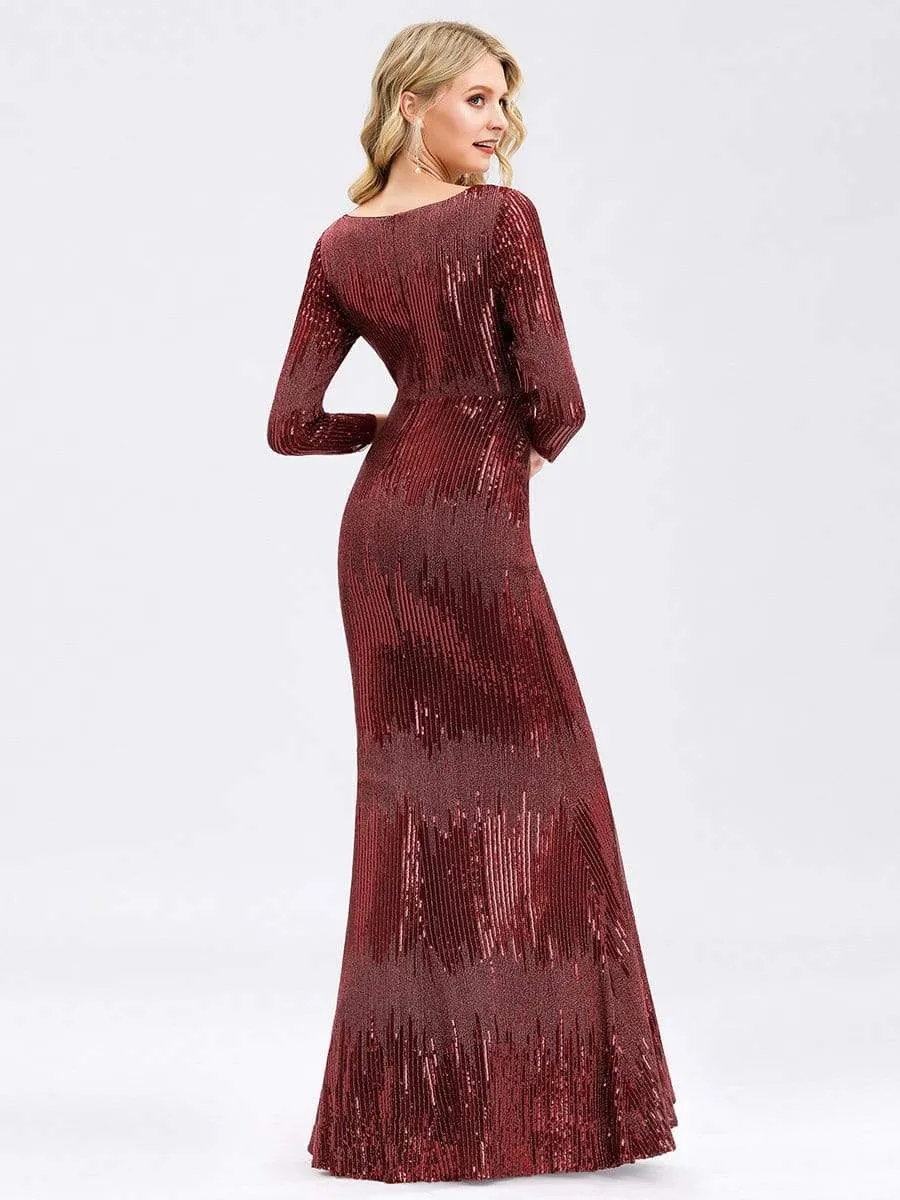 Women's Deep V-Neck Sequin Evening Dress with Long Sleeve