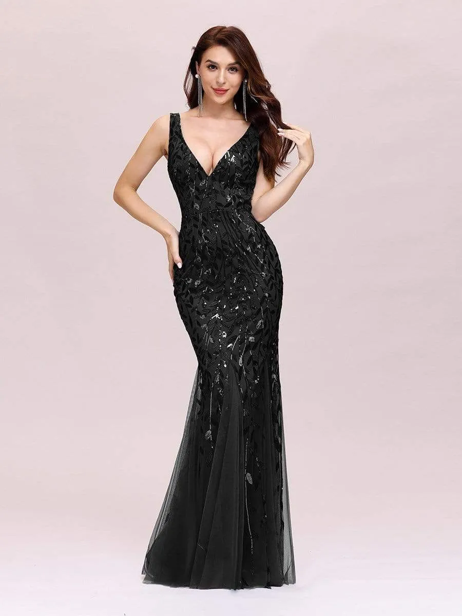 Women's Double V-Neck Fishtail Sequin Evening Dress