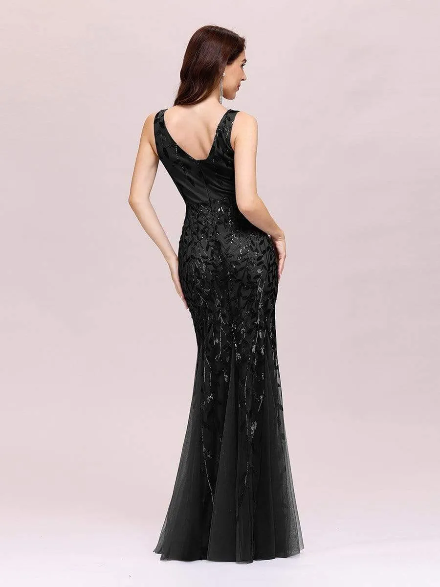 Women's Double V-Neck Fishtail Sequin Evening Dress