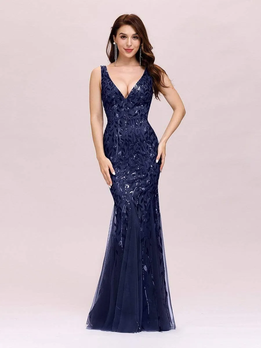 Women's Double V-Neck Fishtail Sequin Evening Dress