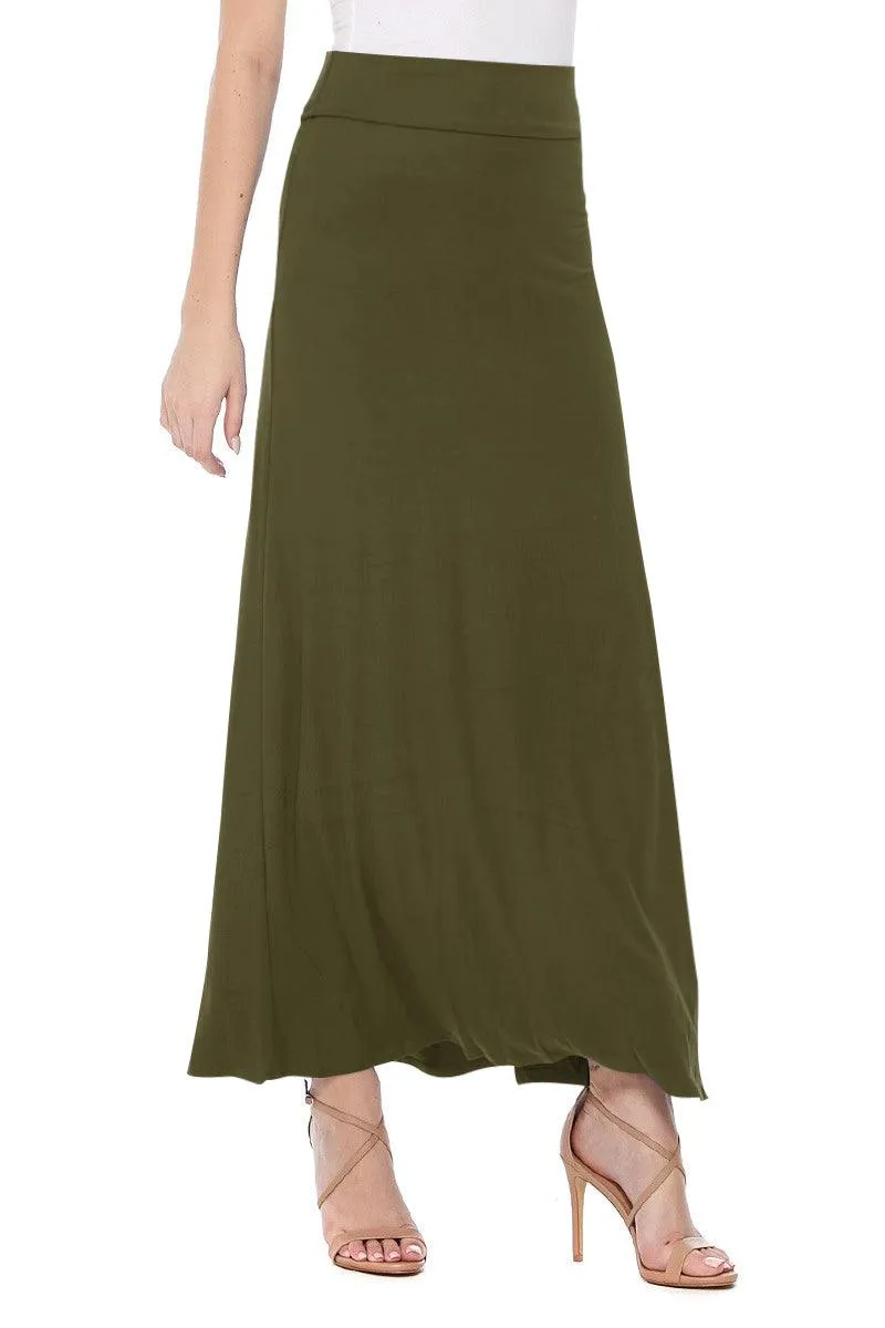 Women's Maxi Length High Waist Foldable Waistband Loose Fit Solid Skirt