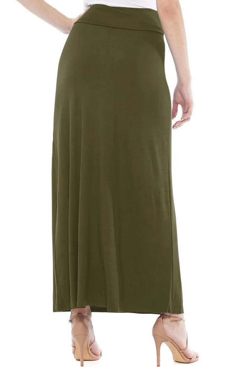 Women's Maxi Length High Waist Foldable Waistband Loose Fit Solid Skirt