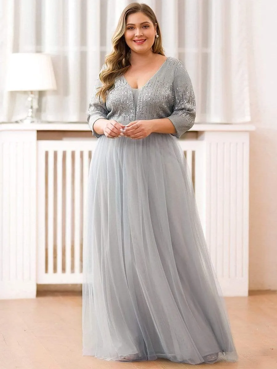 Women's Maxi Long Sparkly Plus Size Evening Dress with Sleeve