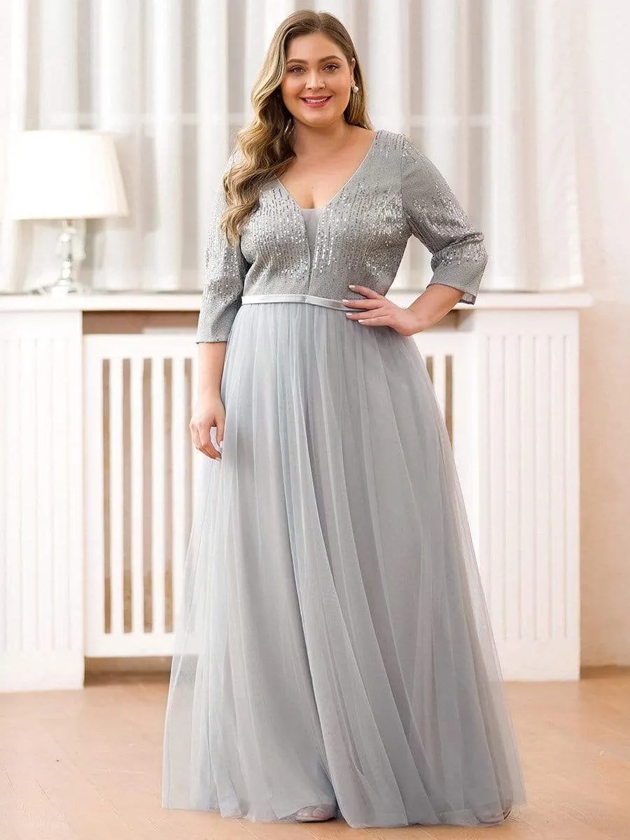 Women's Maxi Long Sparkly Plus Size Evening Dress with Sleeve