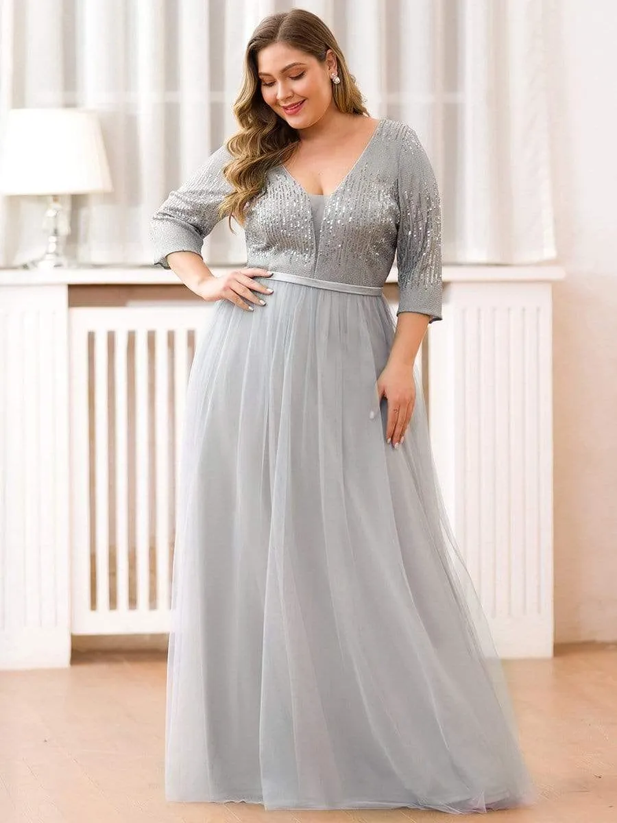 Women's Maxi Long Sparkly Plus Size Evening Dress with Sleeve