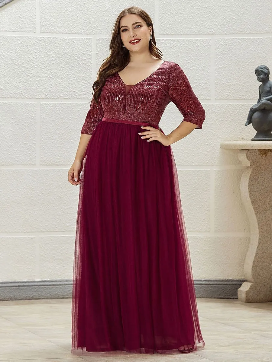 Women's Maxi Long Sparkly Plus Size Evening Dress with Sleeve