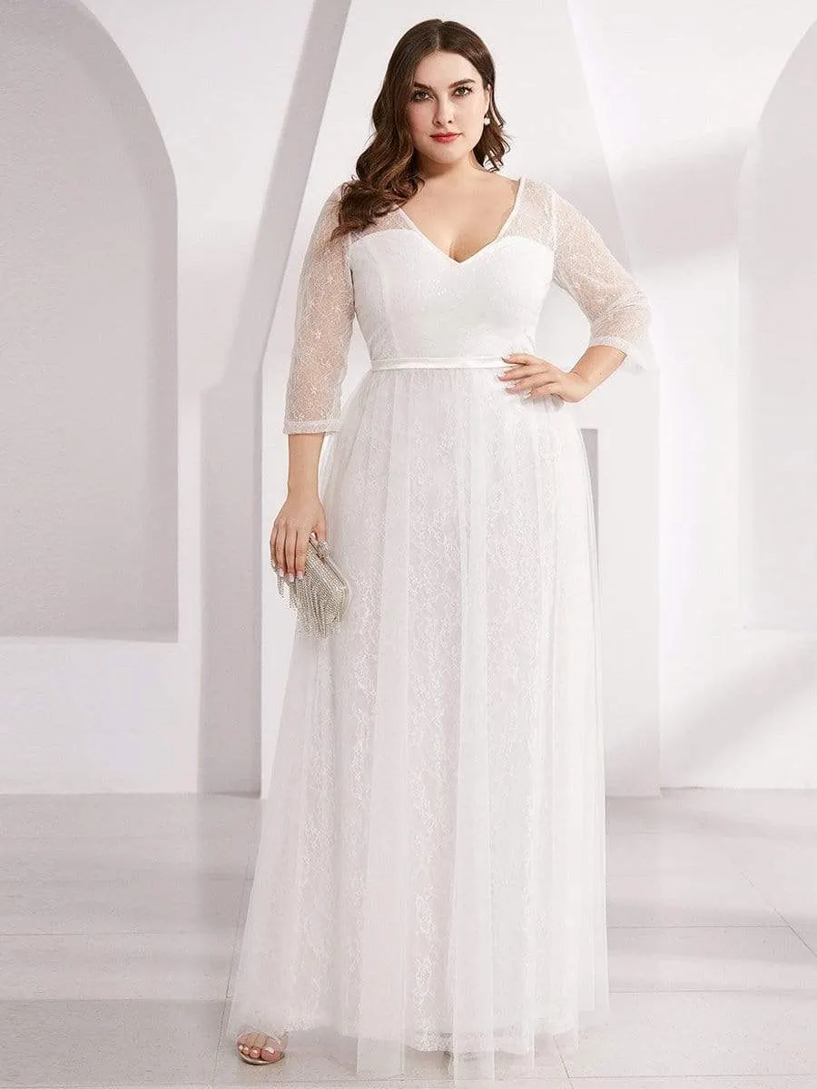 Women's V Neck 3/4 Sleeves Lace Wedding Guest Dress