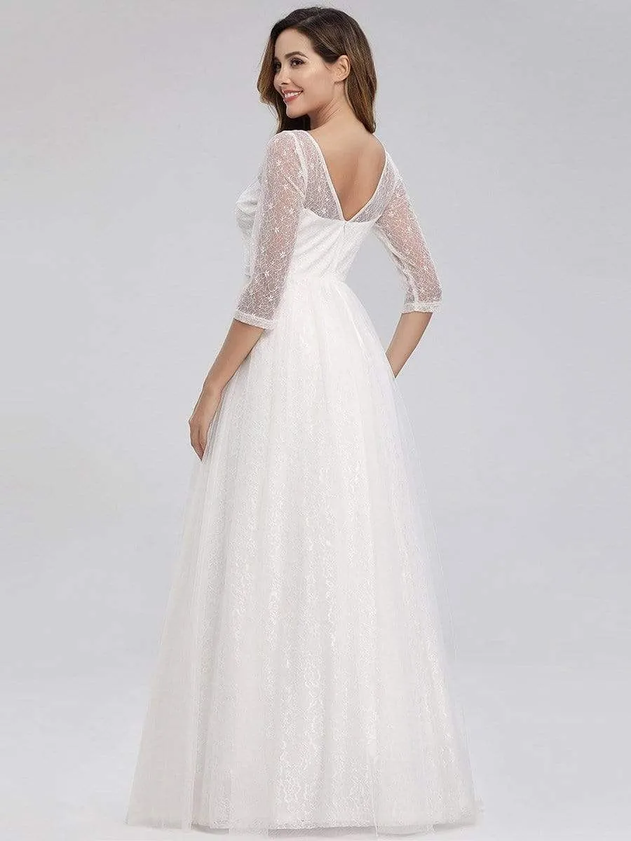 Women's V Neck 3/4 Sleeves Lace Wedding Guest Dress