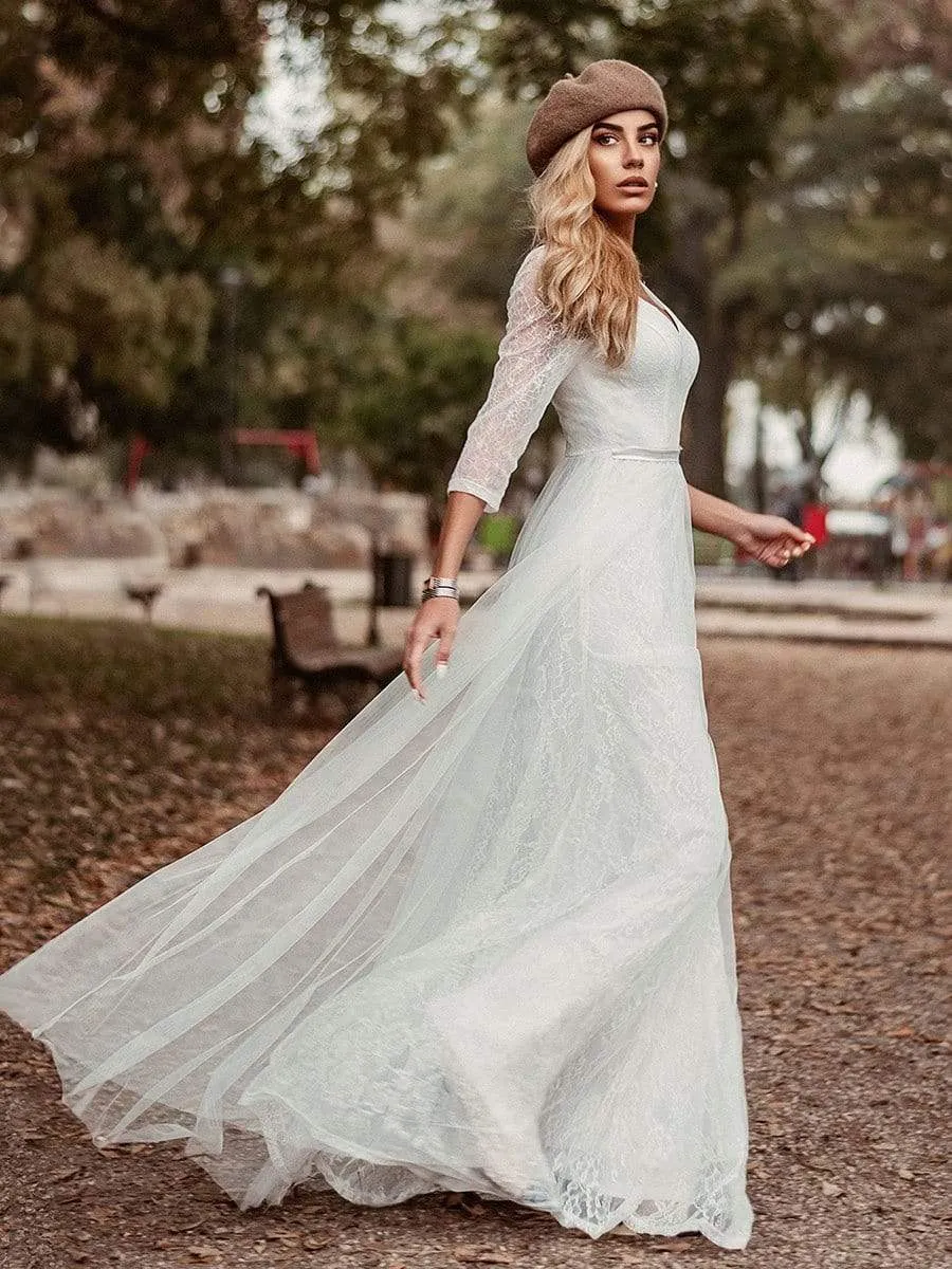 Women's V Neck 3/4 Sleeves Lace Wedding Guest Dress