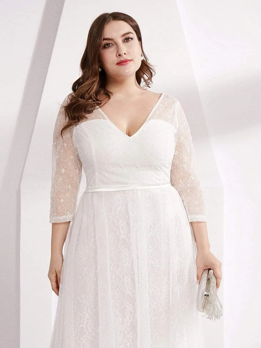 Women's V Neck 3/4 Sleeves Lace Wedding Guest Dress