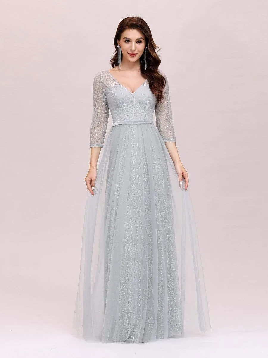 Women's V Neck 3/4 Sleeves Lace Wedding Guest Dress