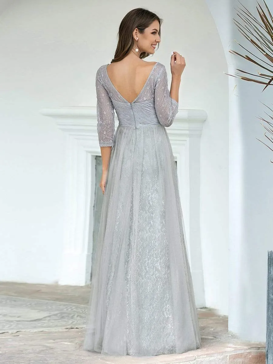 Women's V Neck 3/4 Sleeves Lace Wedding Guest Dress