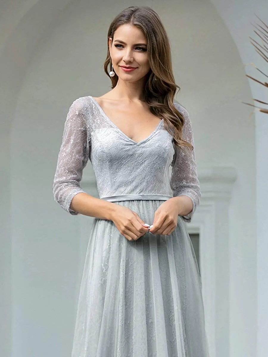 Women's V Neck 3/4 Sleeves Lace Wedding Guest Dress