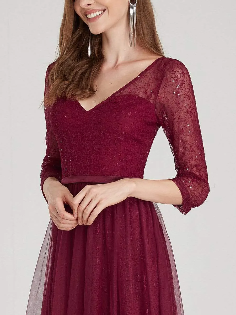 Women's V Neck 3/4 Sleeves Lace Wedding Guest Dress