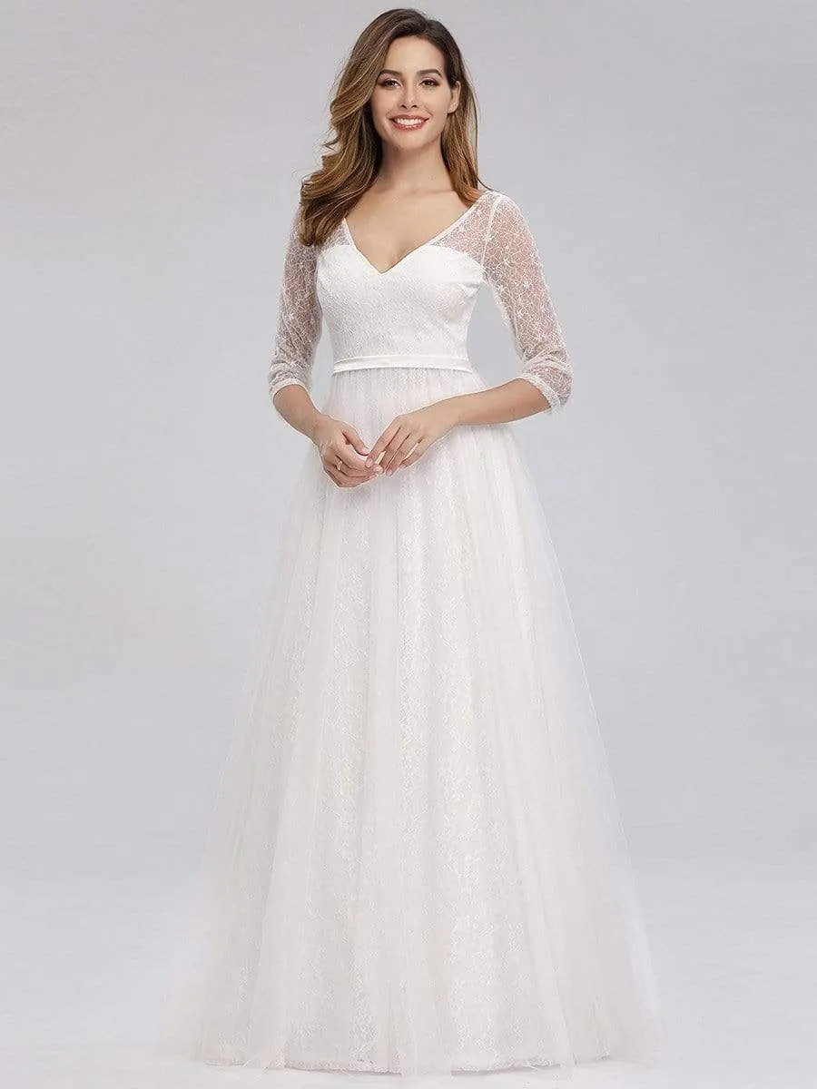 Women's V Neck 3/4 Sleeves Lace Wedding Guest Dress