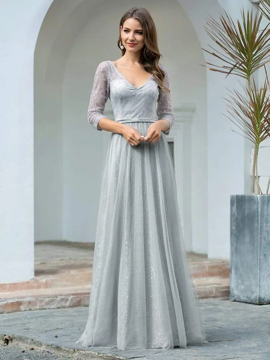 Women's V Neck 3/4 Sleeves Lace Wedding Guest Dress